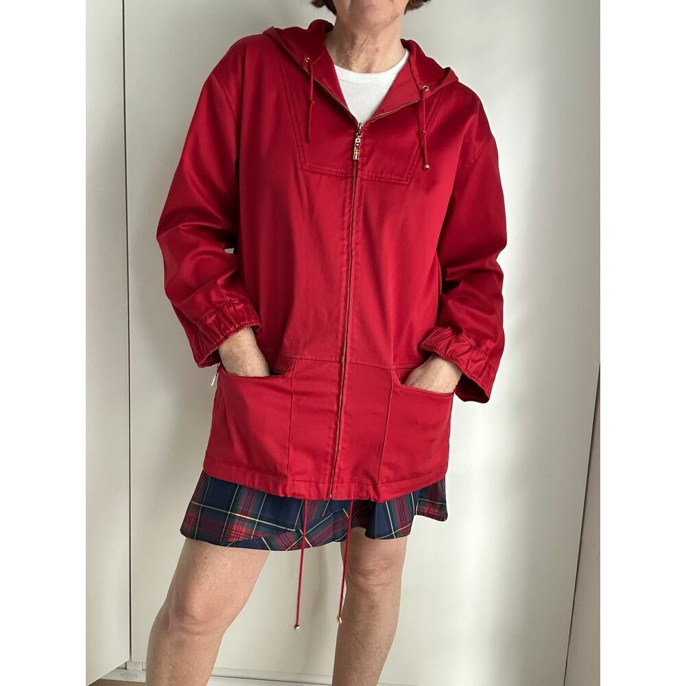 St John Sport Red Hooded Jacket Size M Zip Front Nautical Coastal Preppy Style